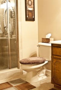 glass shower, tiled floor, comfort height toilet