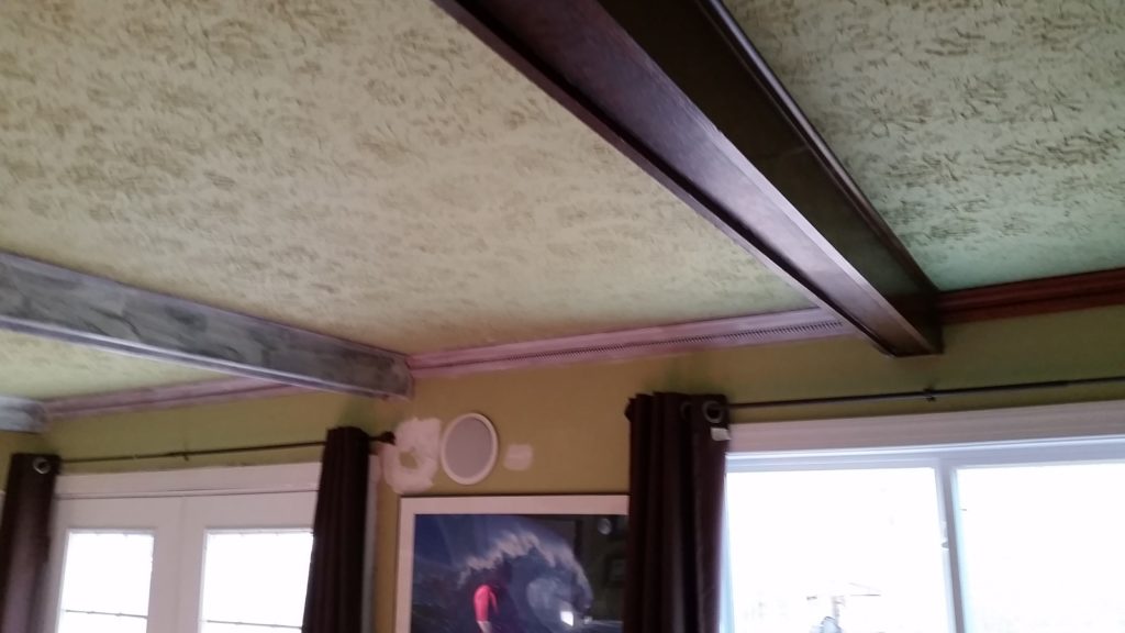 faux beams in den
